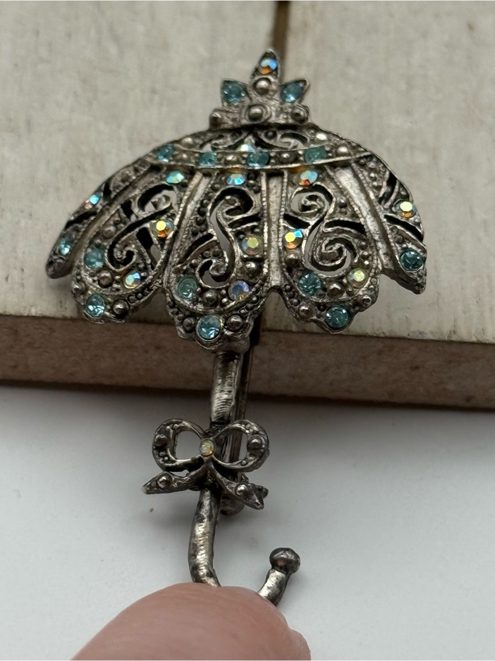 Silver-Tone Blue Crystal Umbrella Brooch Pin